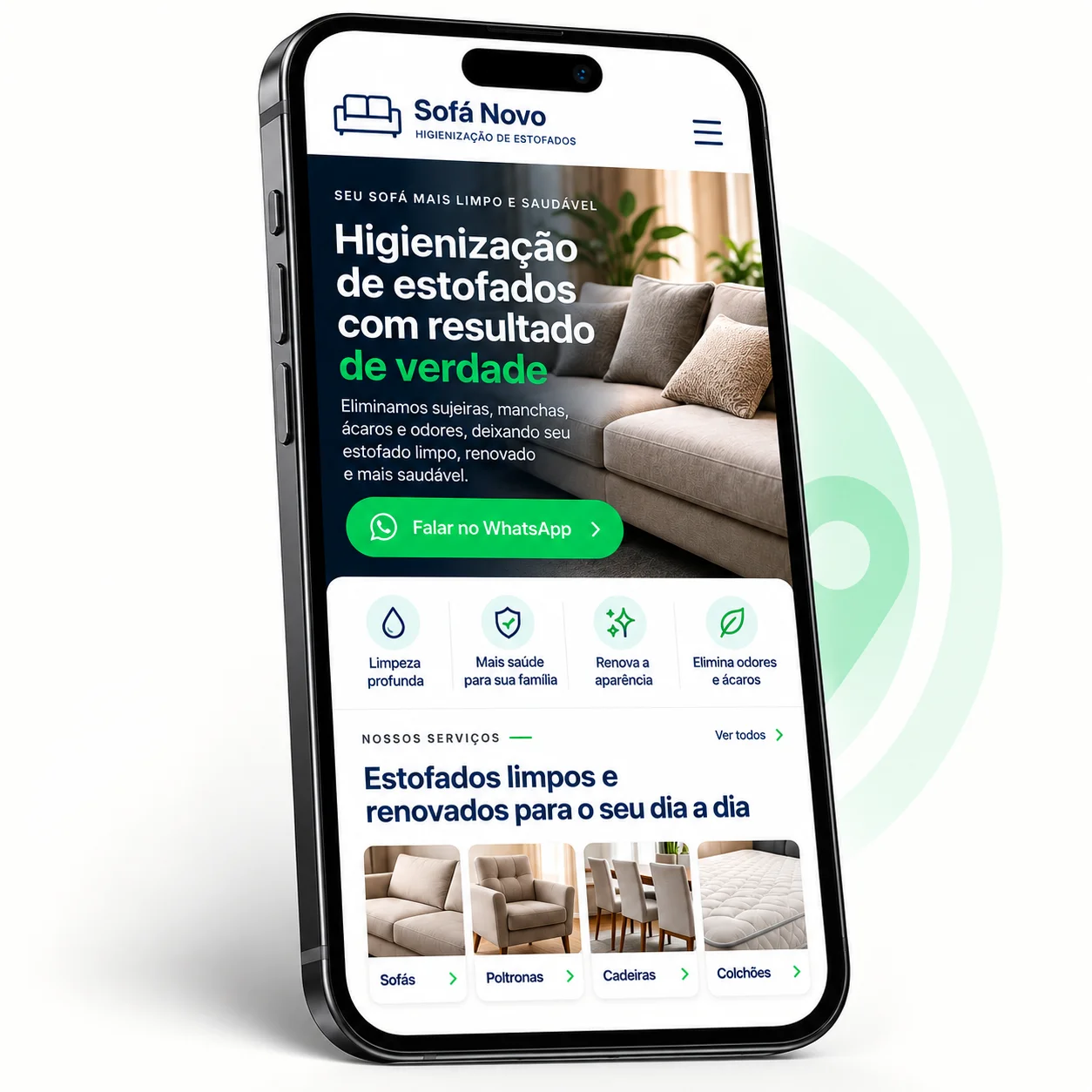 Exemplo fictício de site para empresa de higienização de estofados